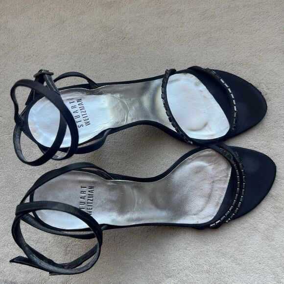 Stuart Weitzman Black Satin Embellished High Heel Strappy Sandals Women 8 Chic - Picture 6 of 16
